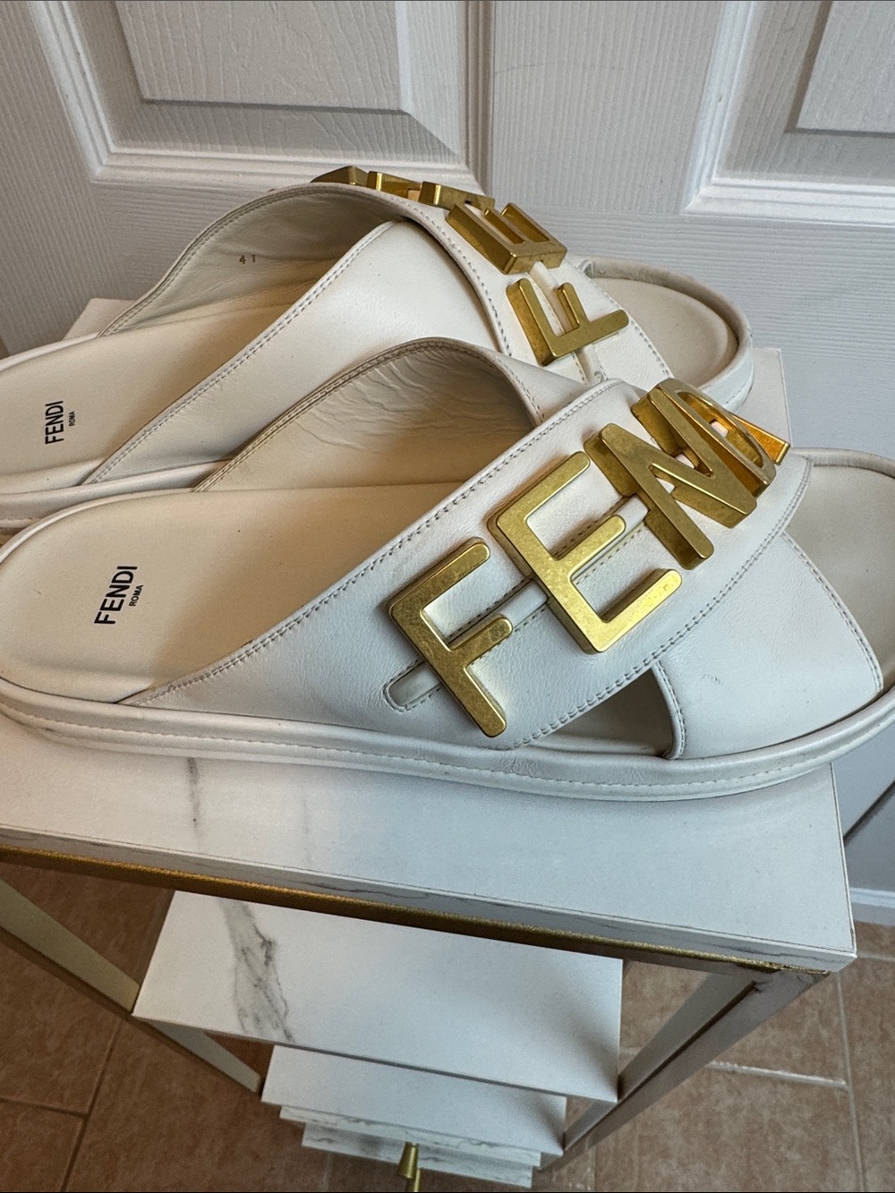 Fendi White Leather Logo Crossover Slide Sandals with Gold Hardware - Picture 4 of 9